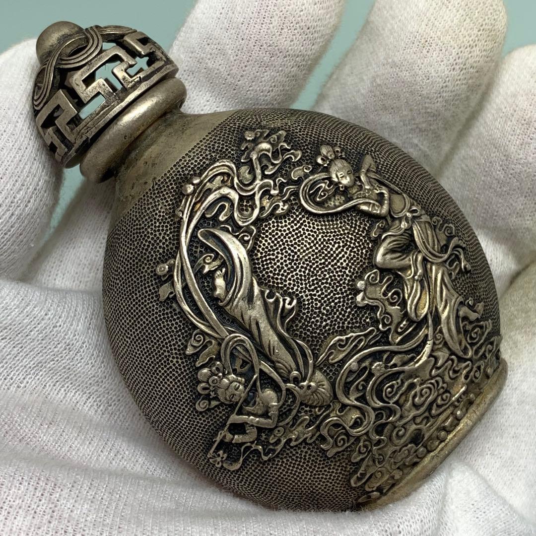 旧蔵 清国時代 宣統年製 二仙女図 鼻煙壺 金属工芸 凹凸彫蓋 珍品