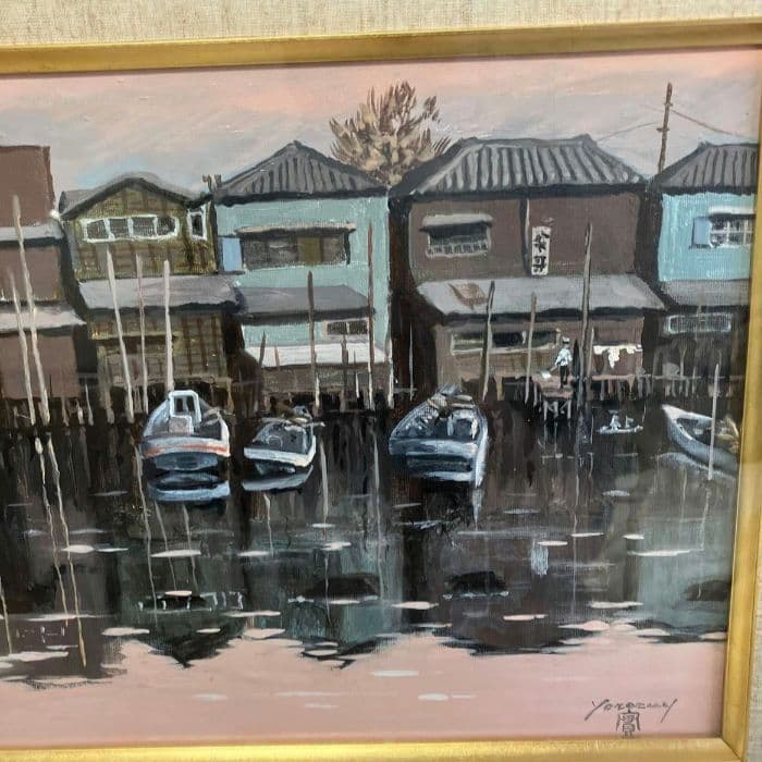 油絵 舟のある風景 港の風景 油彩画 額縁付
