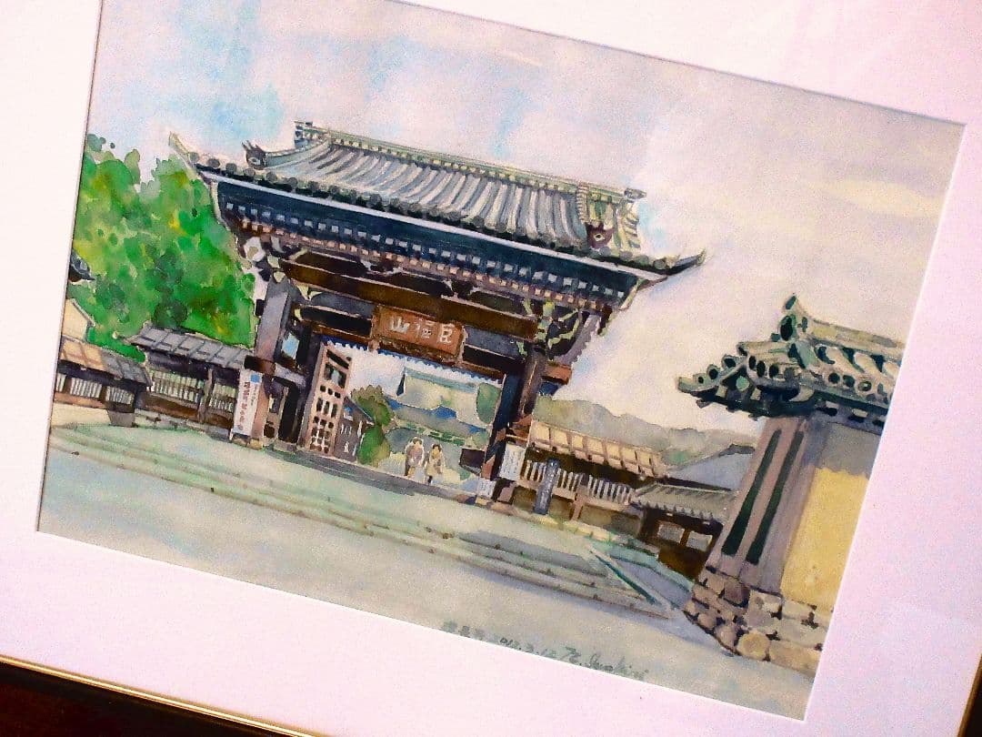 日本の伝統的な門 水彩画 額装済み 原画