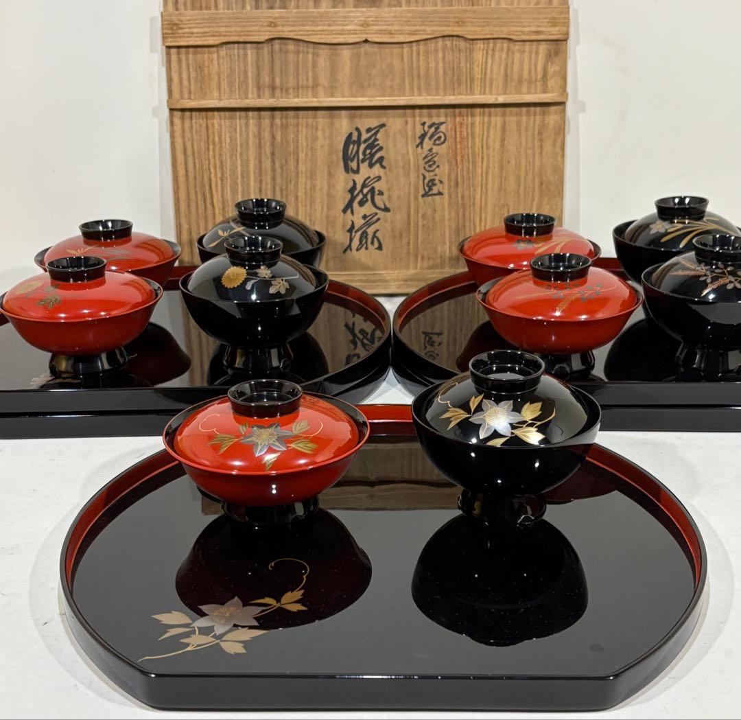 輪島塗 塗師 精斎 蒔絵師昭鳳 図替膳椀揃五人前 美