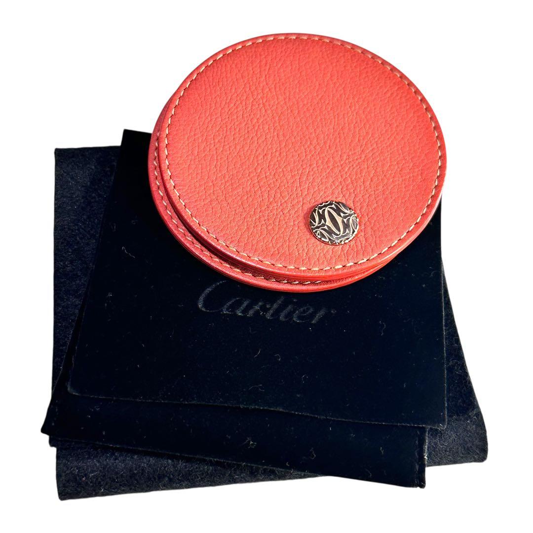 Cartier レザー 円形ミラー オレンジ