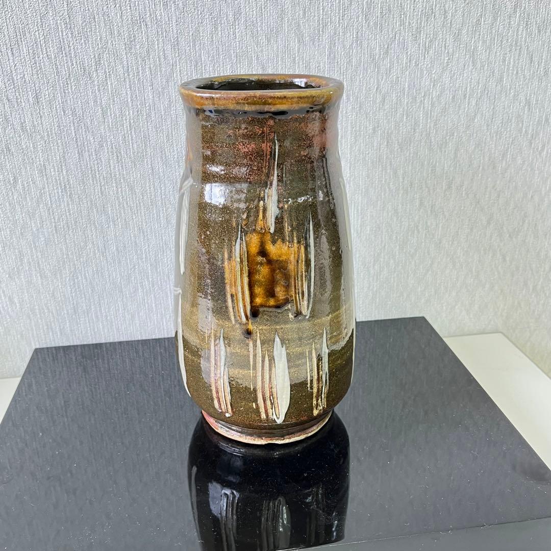 益子焼　名工　佐久間藤太郎　柿地草花絵　花瓶　花器　草花紋　益子民窯　　浜田庄司