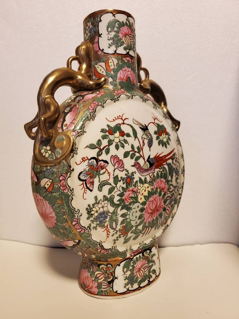 中国古玩 大清乾隆年製 扁壺 粉彩花鳥図双龍耳 花瓶