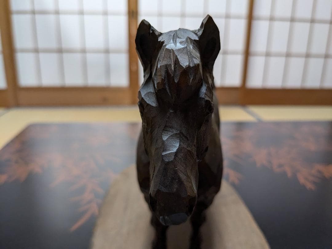 おんたけ彫刻 木曽馬 杉本照岳作 長野 天然木 一刀彫 置物 インテリア