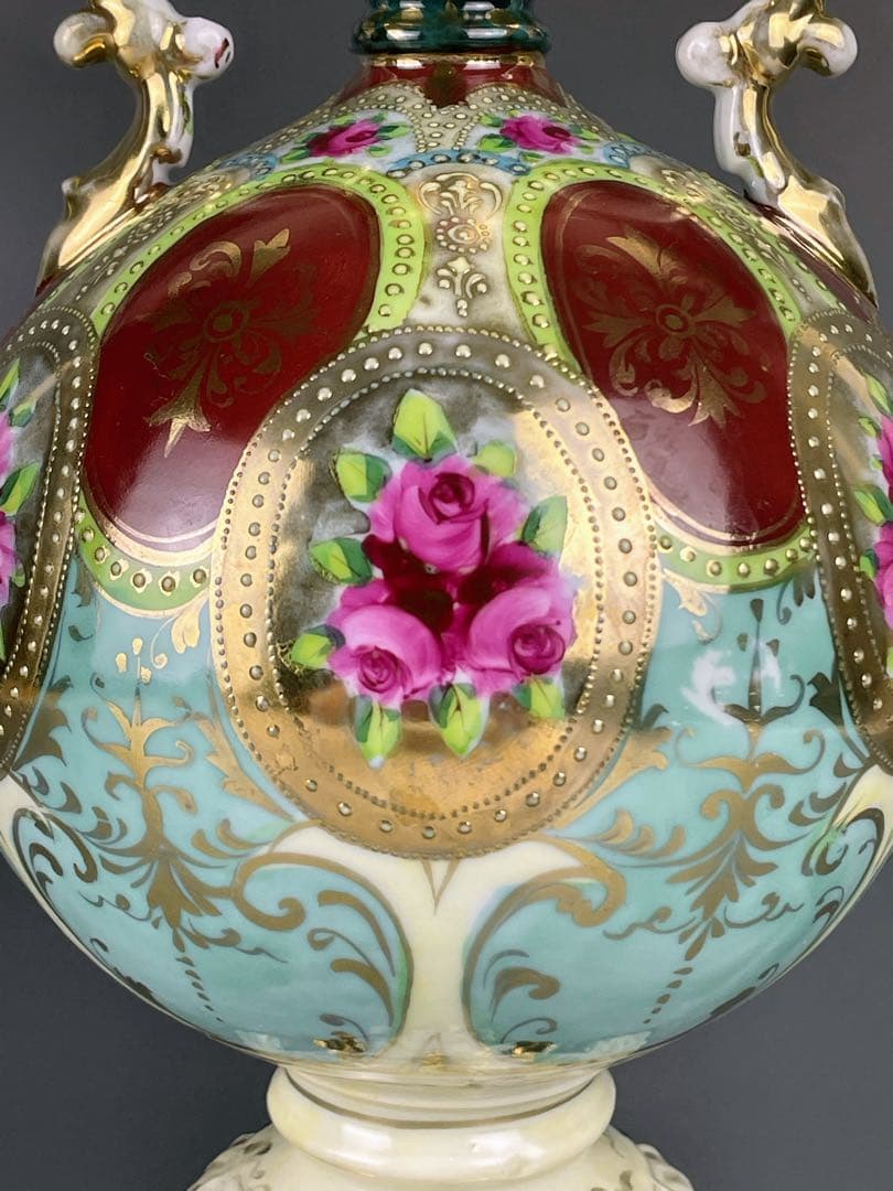 大型】オールドニッポン 約28cm 薔薇紋花瓶 アールヌーボー様式