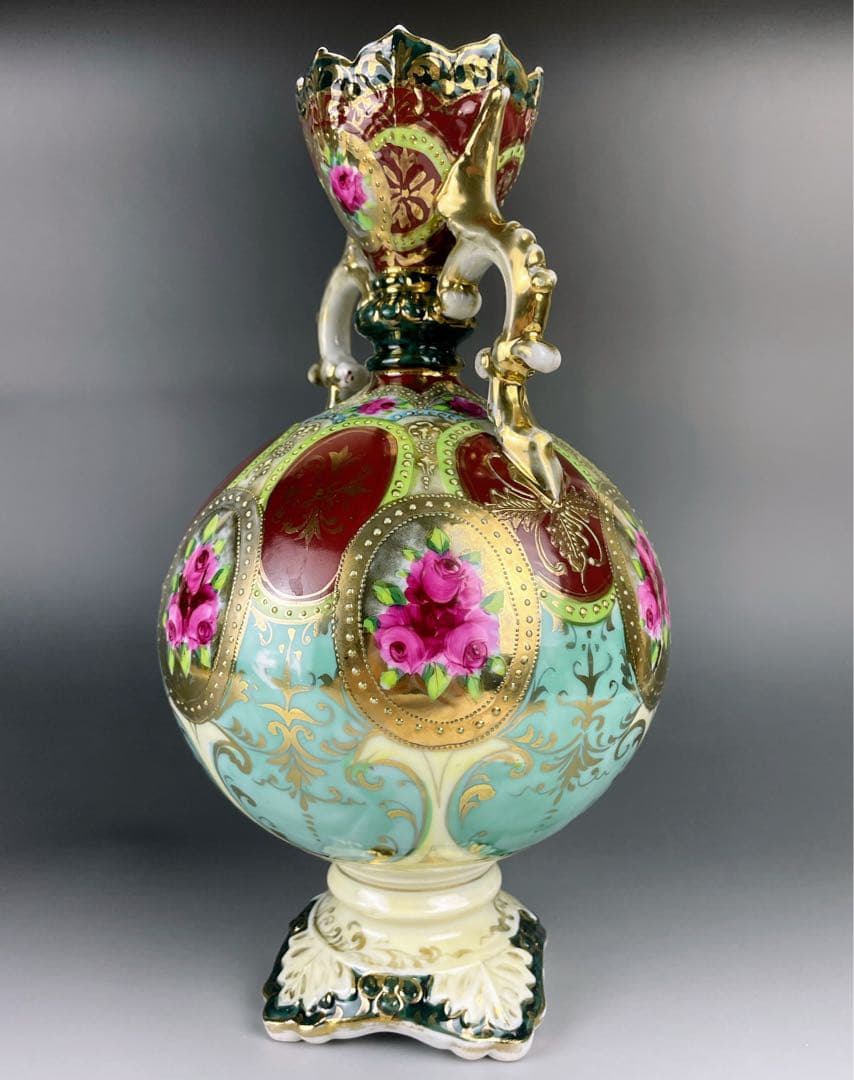 大型】オールドニッポン 約28cm 薔薇紋花瓶 アールヌーボー様式