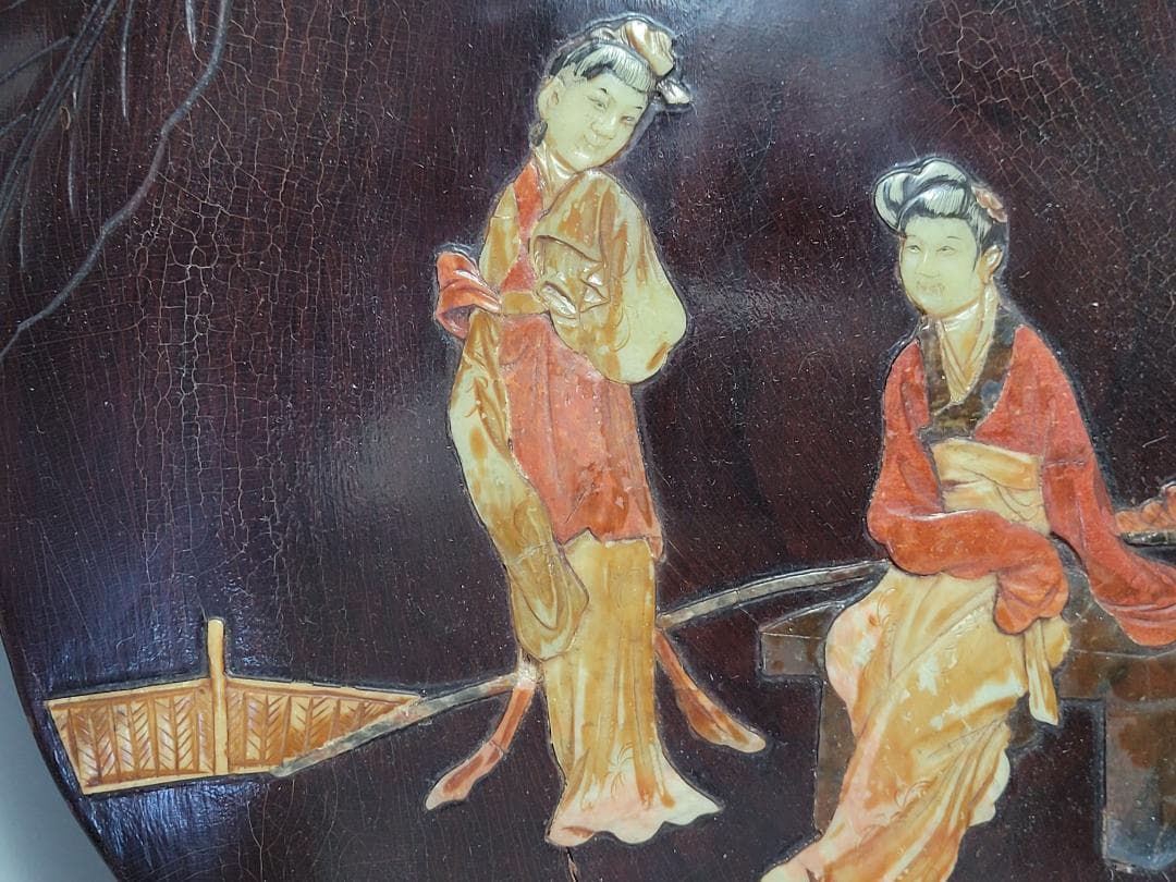 唐木製 寿山石 象嵌 女人図 木板 高さ約30.3cm