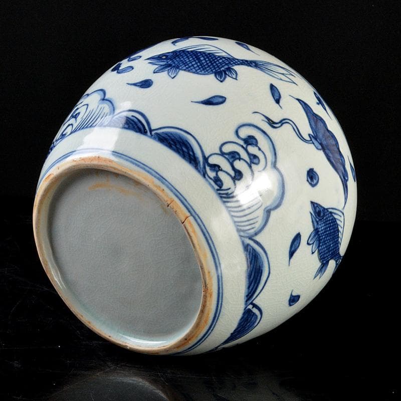 中国　青花　花卉魚波文瓶　壷　N　R5755