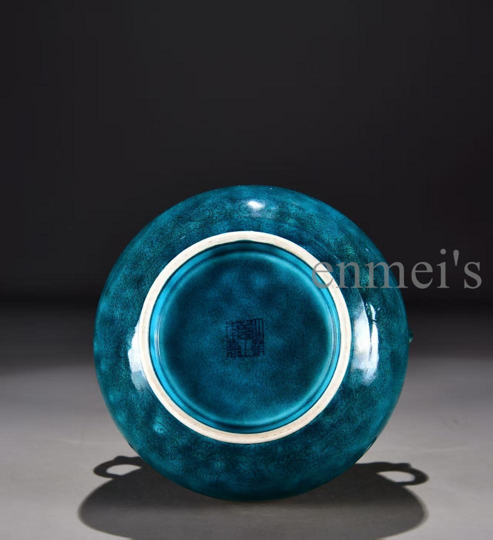中国古美術 清雍正款 孔雀青釉 暗刻 花瓶 広口壺 古陶磁