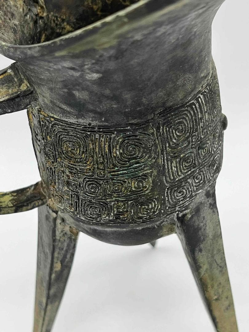 中国古美術 戦国から漢時代 青銅 ブロンズ 三足爵盃 酒具 極