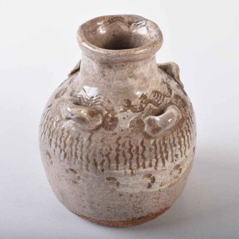 尾張笹島焼　暦手三島四耳壷　徳利　時代箱付　V　R8178