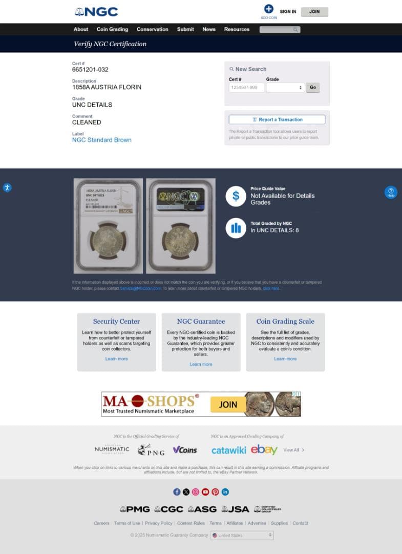 NGC-UNC 洗浄 オーストリア 1858A フランツ・ヨーゼフ1世 月桂冠