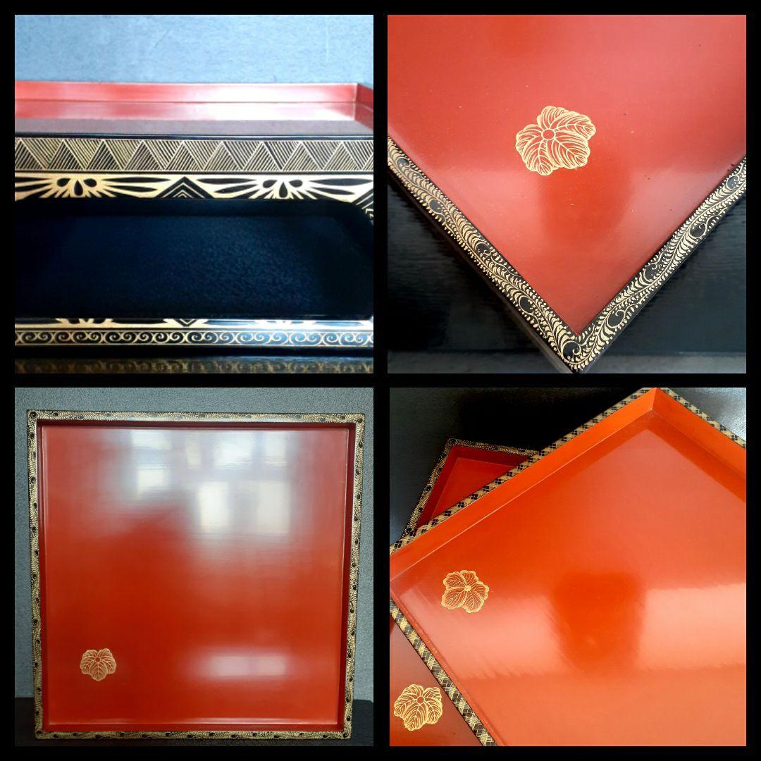 時代物】桐御紋桐箱入り 金蒔絵 花文様 四方高付膳 口縁