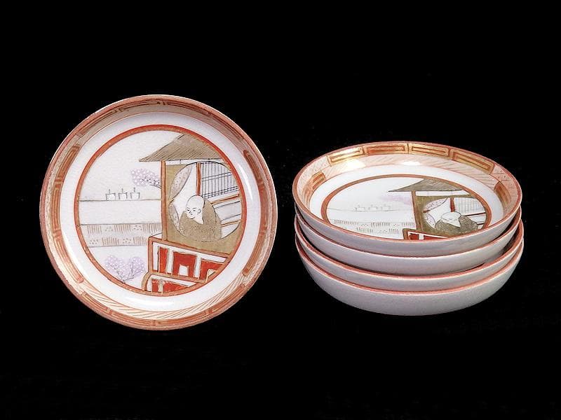 九谷 赤絵 桜花に人物図 豆皿 5客 D879AS-fazb