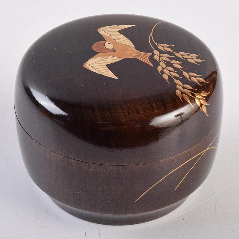 茶道具 山中塗 中村宗悦作 桜材 神代塗 稲穂雀蒔絵 丸香合 共箱 VR8978