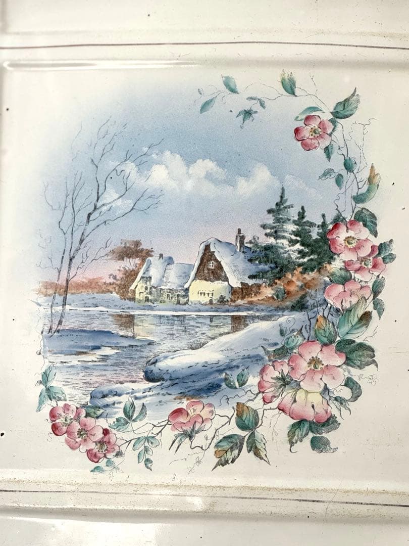 フランスアンティーク ホーローレードルラック花と風景の手描き絵