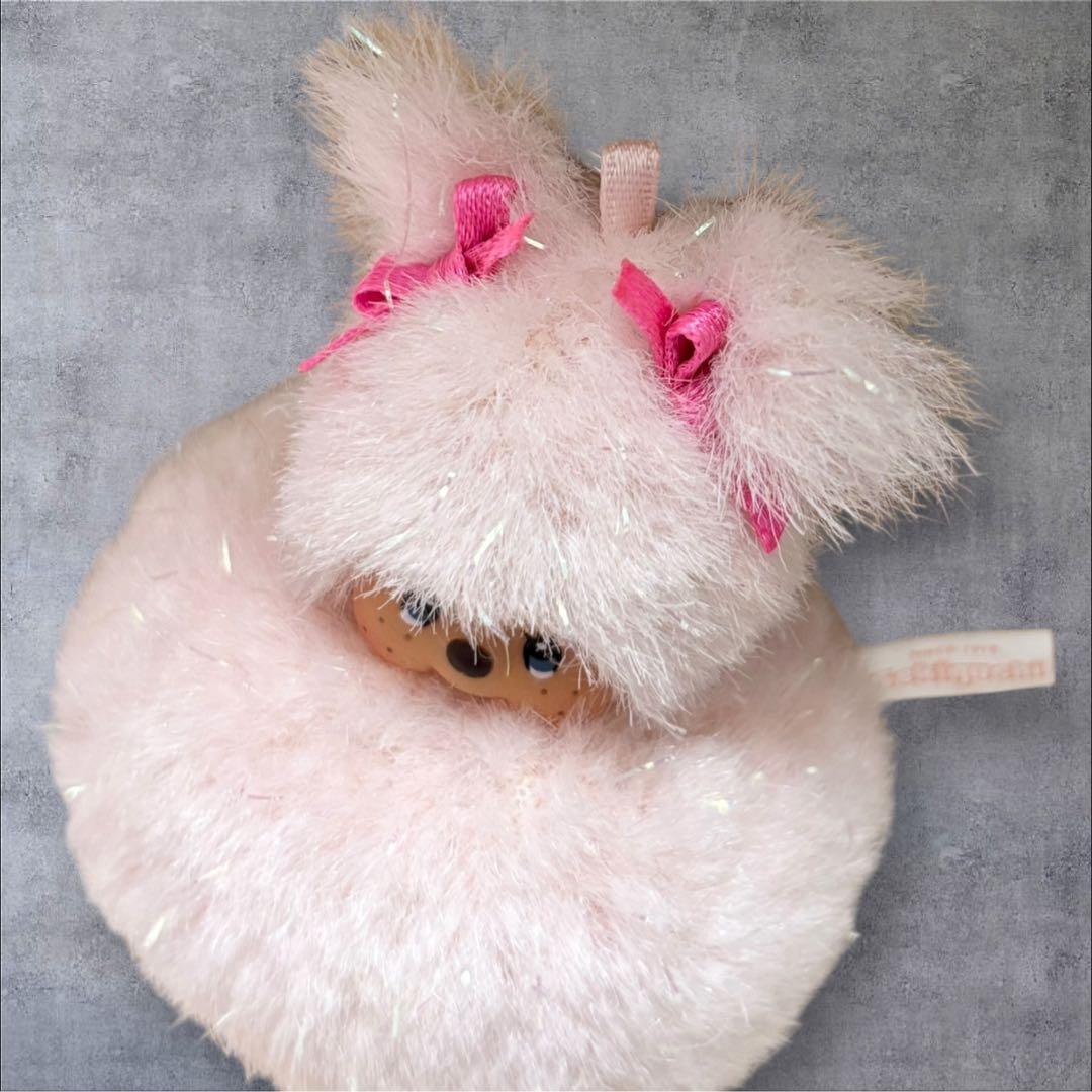 希少　モンチッチ 雪だるま リボンラメピンク ぬいぐるみキーホルダー ストラップ