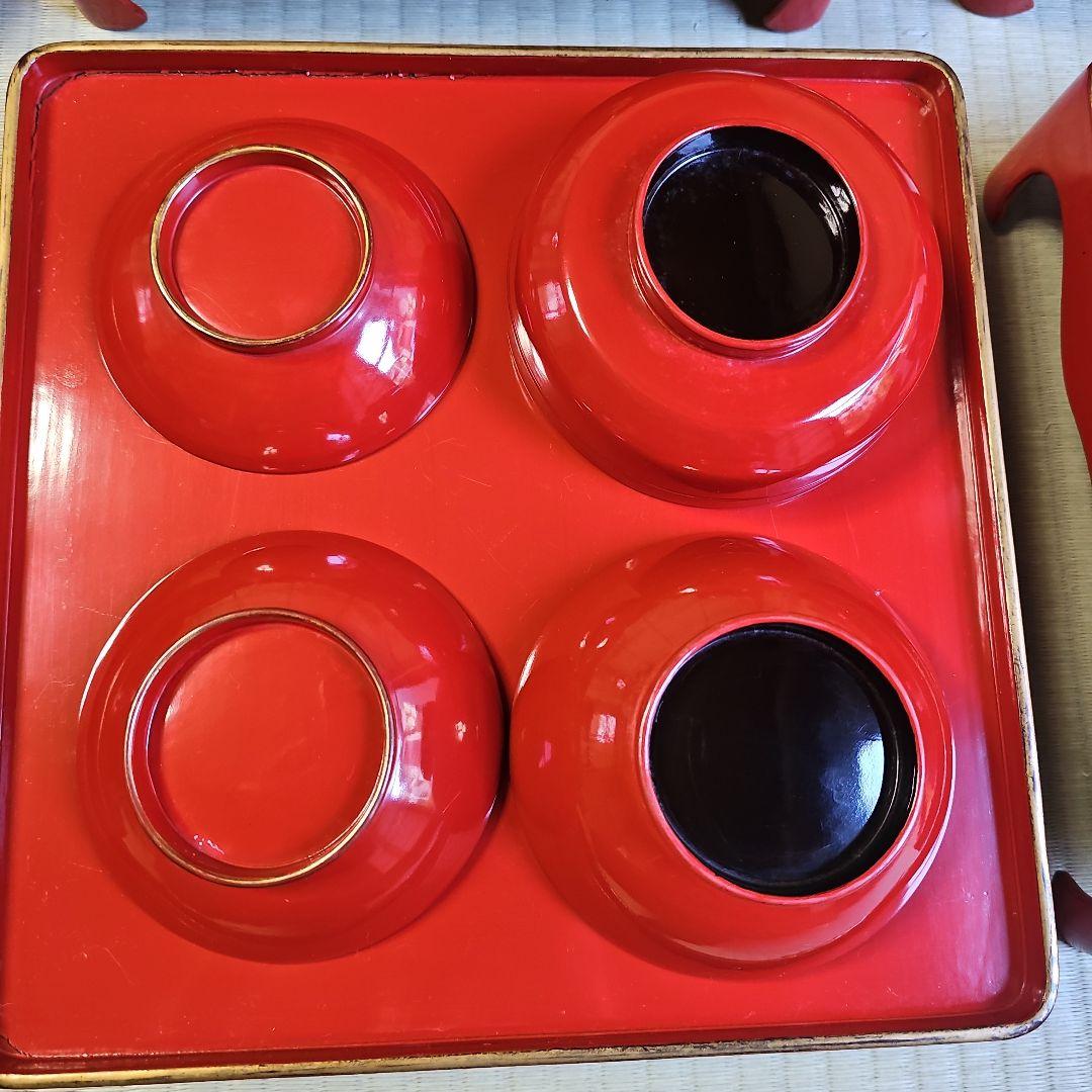 昭和レトロ/1950年代前半物】赤漆塗り お膳セット 金縁 会席膳 茶懐石6客