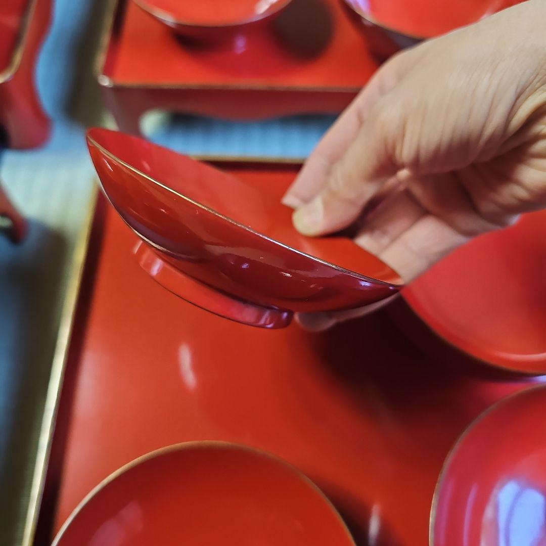 昭和レトロ/1950年代前半物】赤漆塗り お膳セット 金縁 会席膳 茶懐石6客
