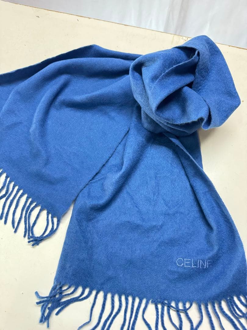 CELINE セリーヌ フリンジ マフラー カシミヤ100% ブルー ロゴ刺繍