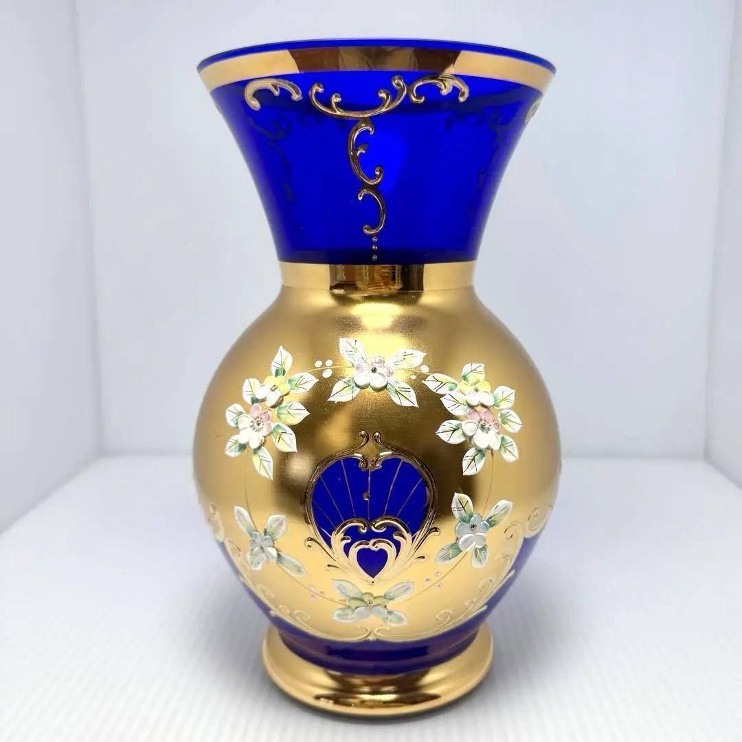 新品未使用 箱付き ボヘミアグラス ボヘミアンガラス 金彩 花瓶