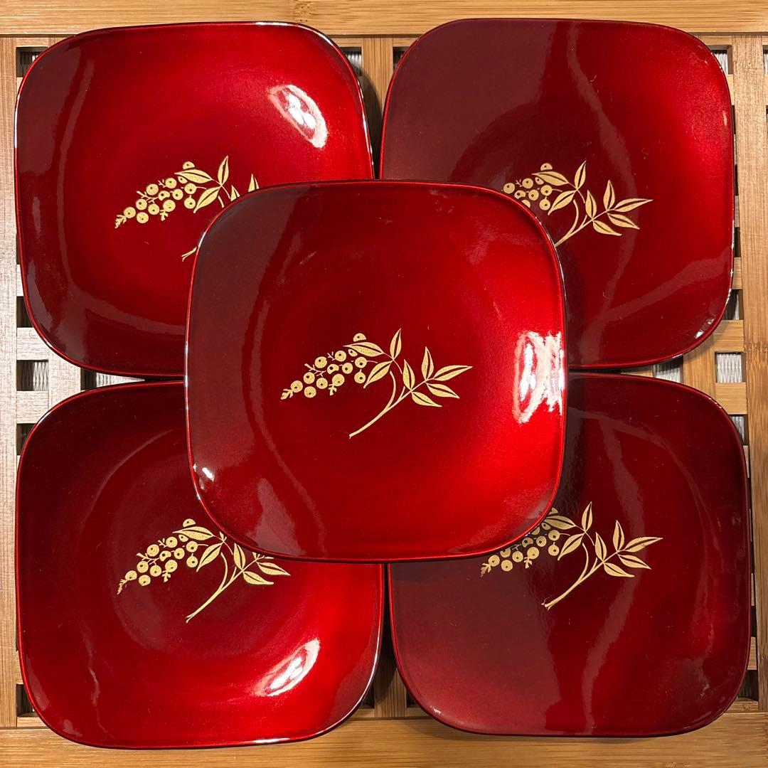 新品未使用/高級漆器 玉虫塗 南天柄銘々皿 5枚／仙台名産 伝統工芸