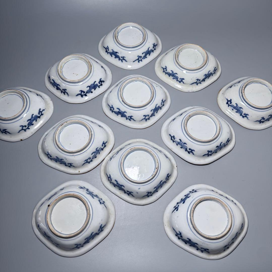 明治時代　色絵扇子文様菱形皿　10客　蝶　植物　古伊万里　アンティーク　食器