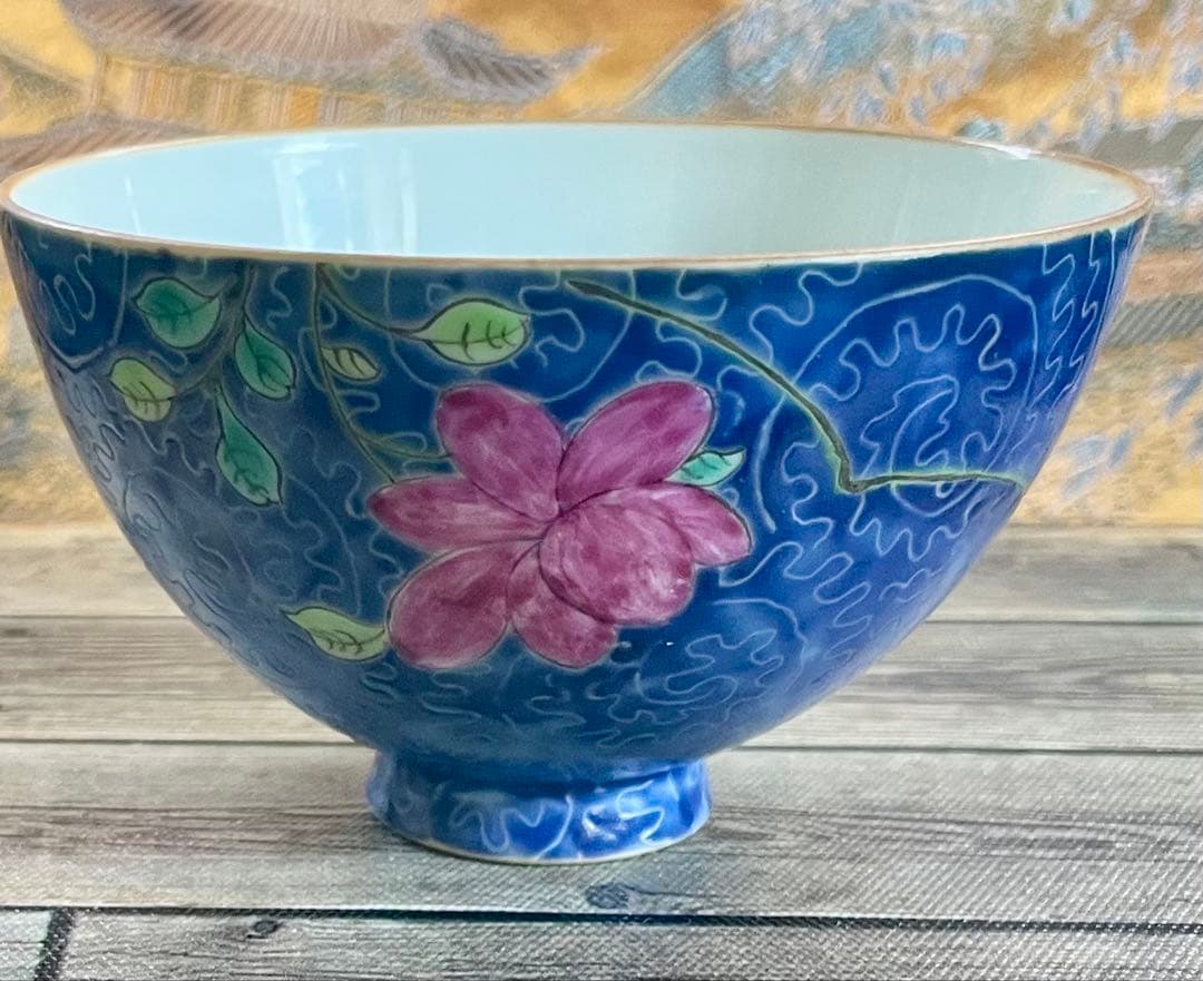 唐物 清朝時代色絵十錦手鶏心茶碗