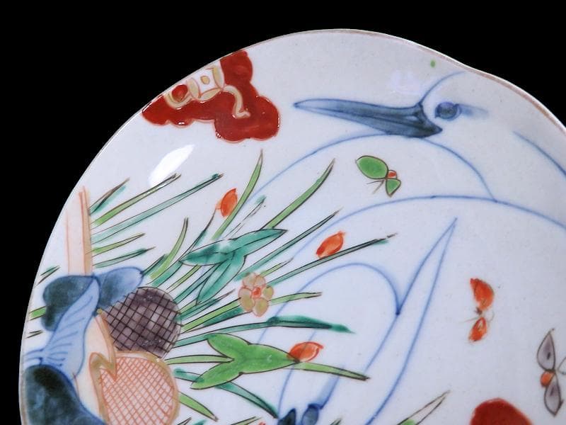 辻製　宮内庁御用達　色絵　双鷺に沢瀉の図　変形皿　５客　E943AS-fbrｍ