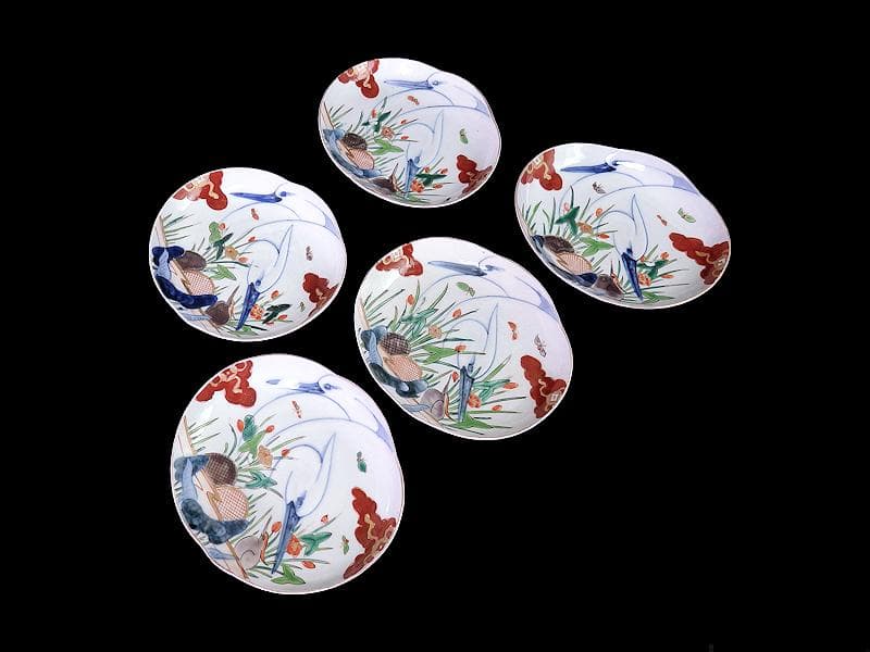 辻製　宮内庁御用達　色絵　双鷺に沢瀉の図　変形皿　５客　E943AS-fbrｍ