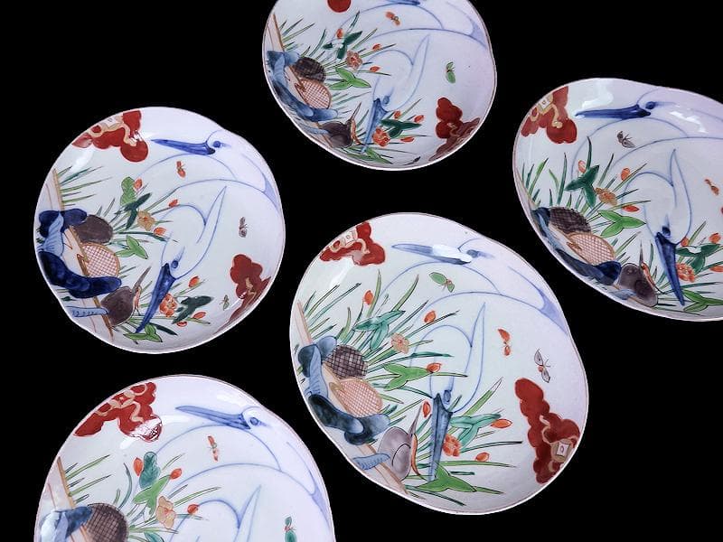 辻製　宮内庁御用達　色絵　双鷺に沢瀉の図　変形皿　５客　E943AS-fbrｍ