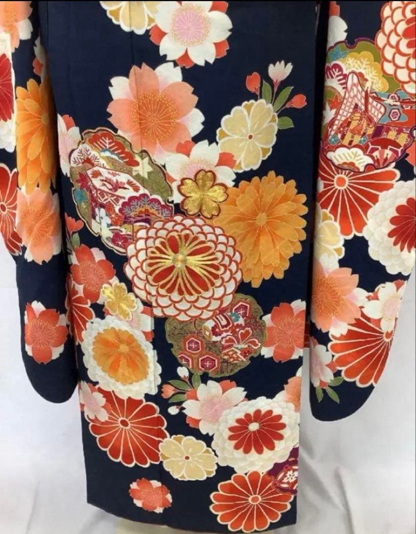振袖身丈170.5裄70.5高身長成人式卒業式袴濃紺オレンジ赤