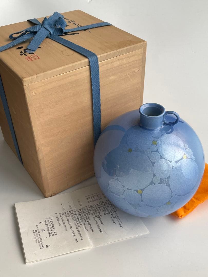 人間国宝 陶芸家 中田一於 淡青釉裏銀彩 壺 壷 九谷焼 共箱