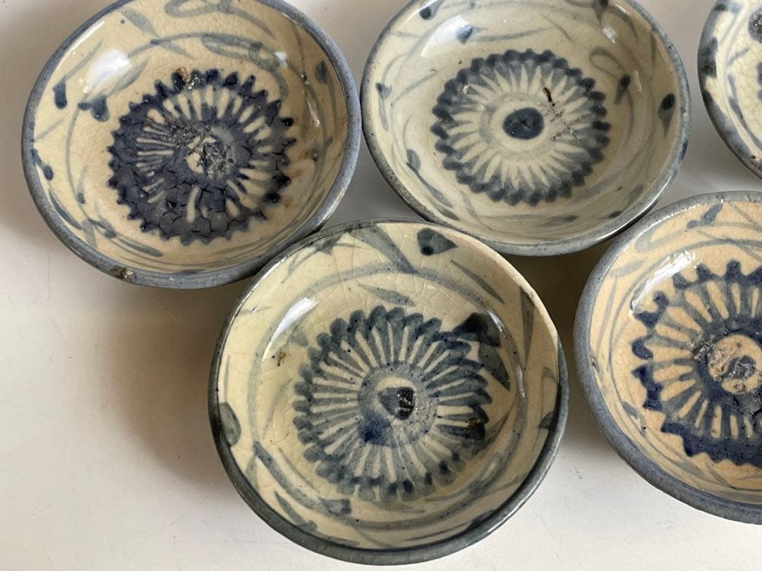 骨董 アンティーク 清朝 中国 染付 花文様 豆皿 小皿 手塩皿 5枚