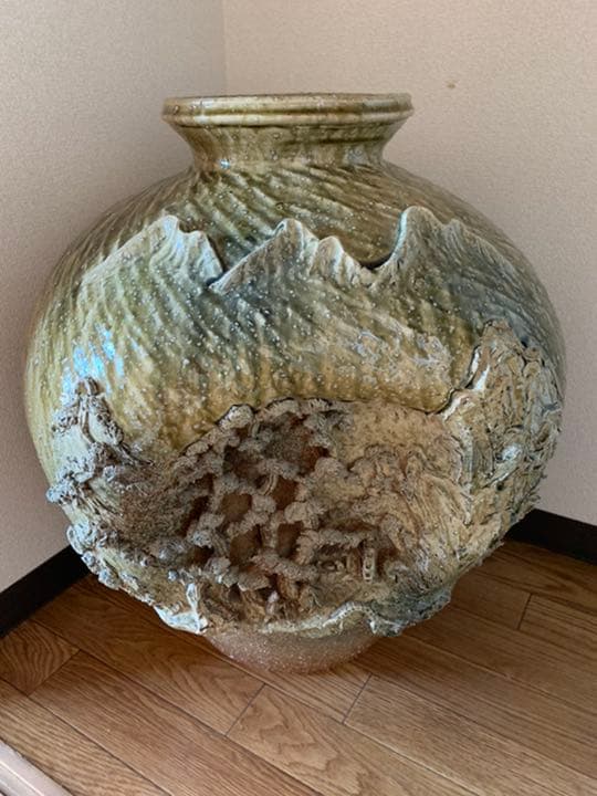 希少 特大 信楽焼 紫郎作 山水 立体 彫刻 丸壺 花瓶 希少 特大 信楽焼 紫