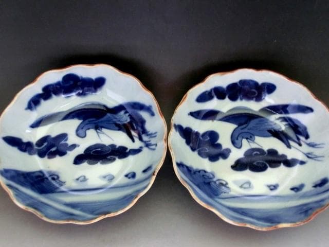 皿□古伊万里染付なます皿 19客 鶴 雲 鳥 蛇の目高台 古い膾皿 骨董品